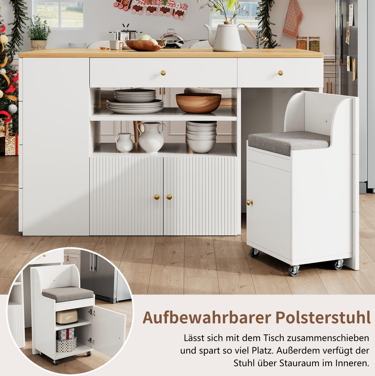 KUCHYŇSKÝ ostrůvek z MDF, 140/40/89 cm, bílý se stoličkou a úložným prostorem - bílá, kompozitní dřevo (140/89/70cm) - Modenvie