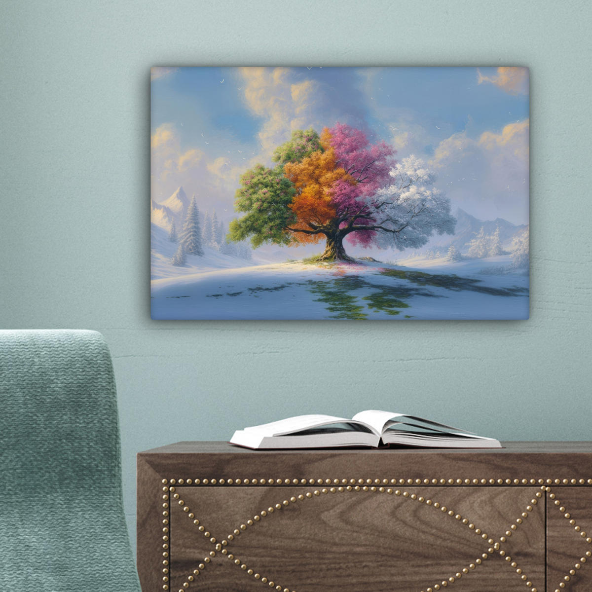 LEINWANDBILD Baum - Jahreszeiten - Winter - Landschaft Deko Schlafzimmer 30x20 cm - Multicolor, Textil (30/20cm) - MuchoWow