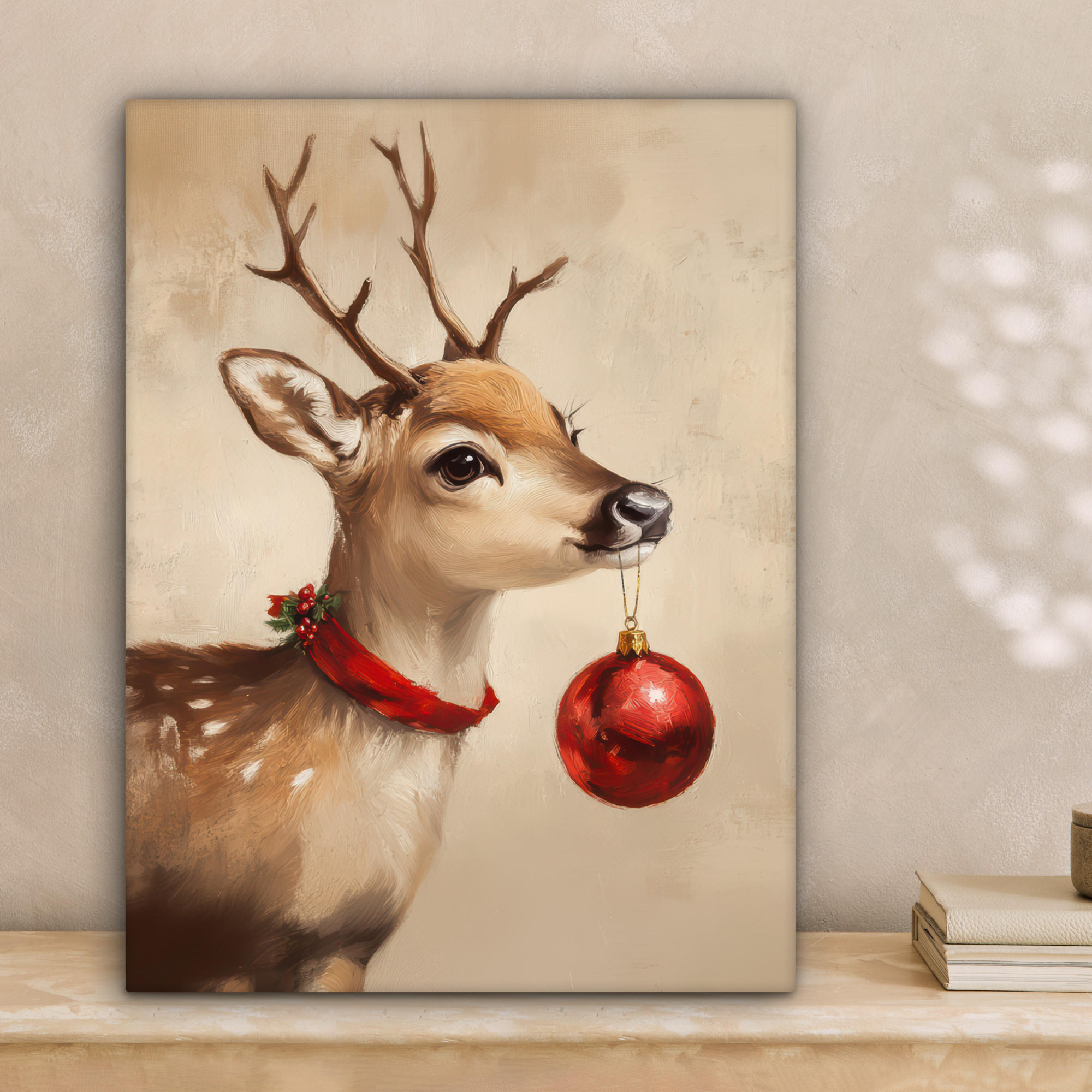 LEINWANDBILD Weihnachten - Hirsch - Geweih - Weihnachtskugel - Rentier 30x40 cm - Hellbraun, Textil (30/40cm) - MuchoWow