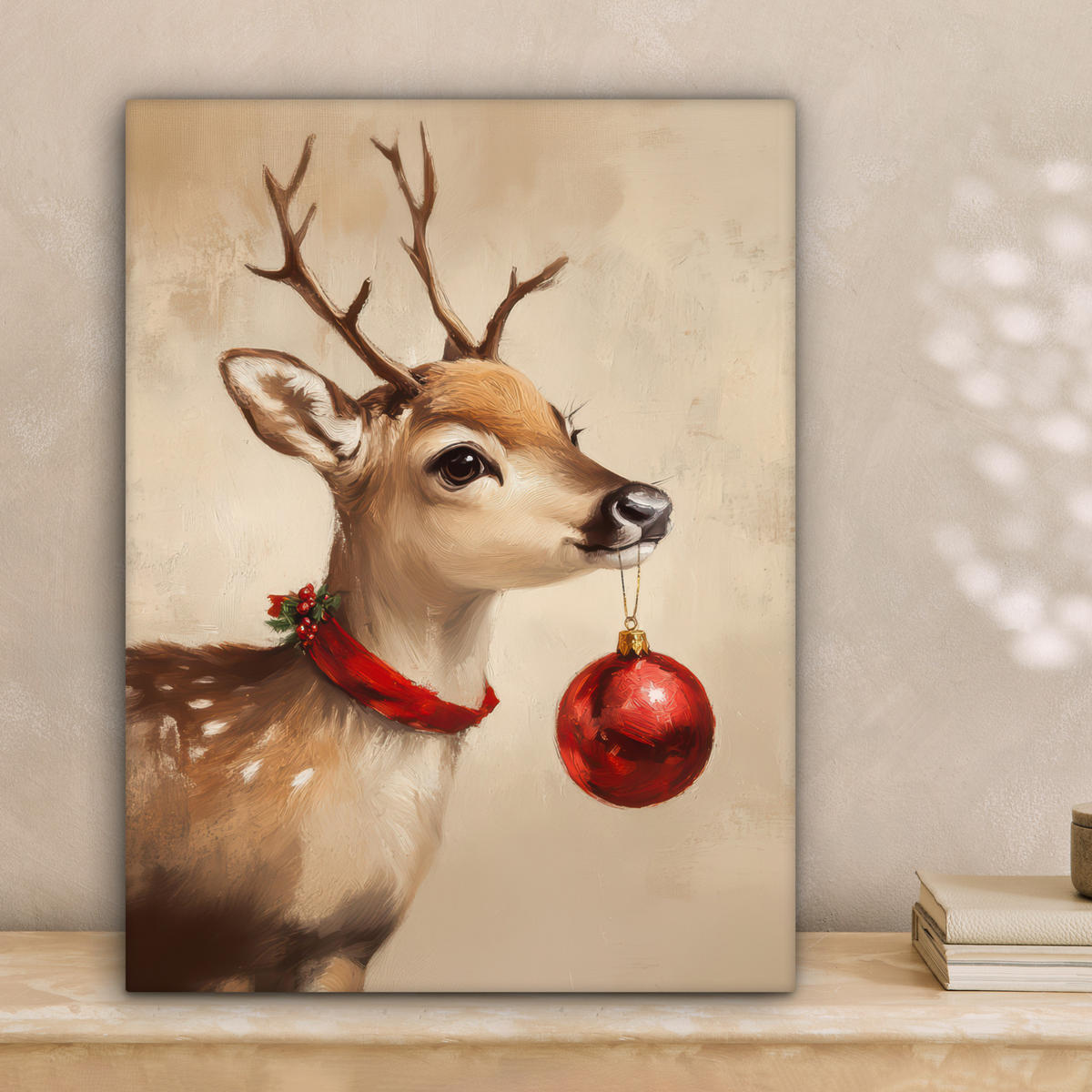 LEINWANDBILD Weihnachten - Hirsch - Geweih - Weihnachtskugel - Rentier 30x40 cm - Hellbraun, Textil (30/40cm) - MuchoWow