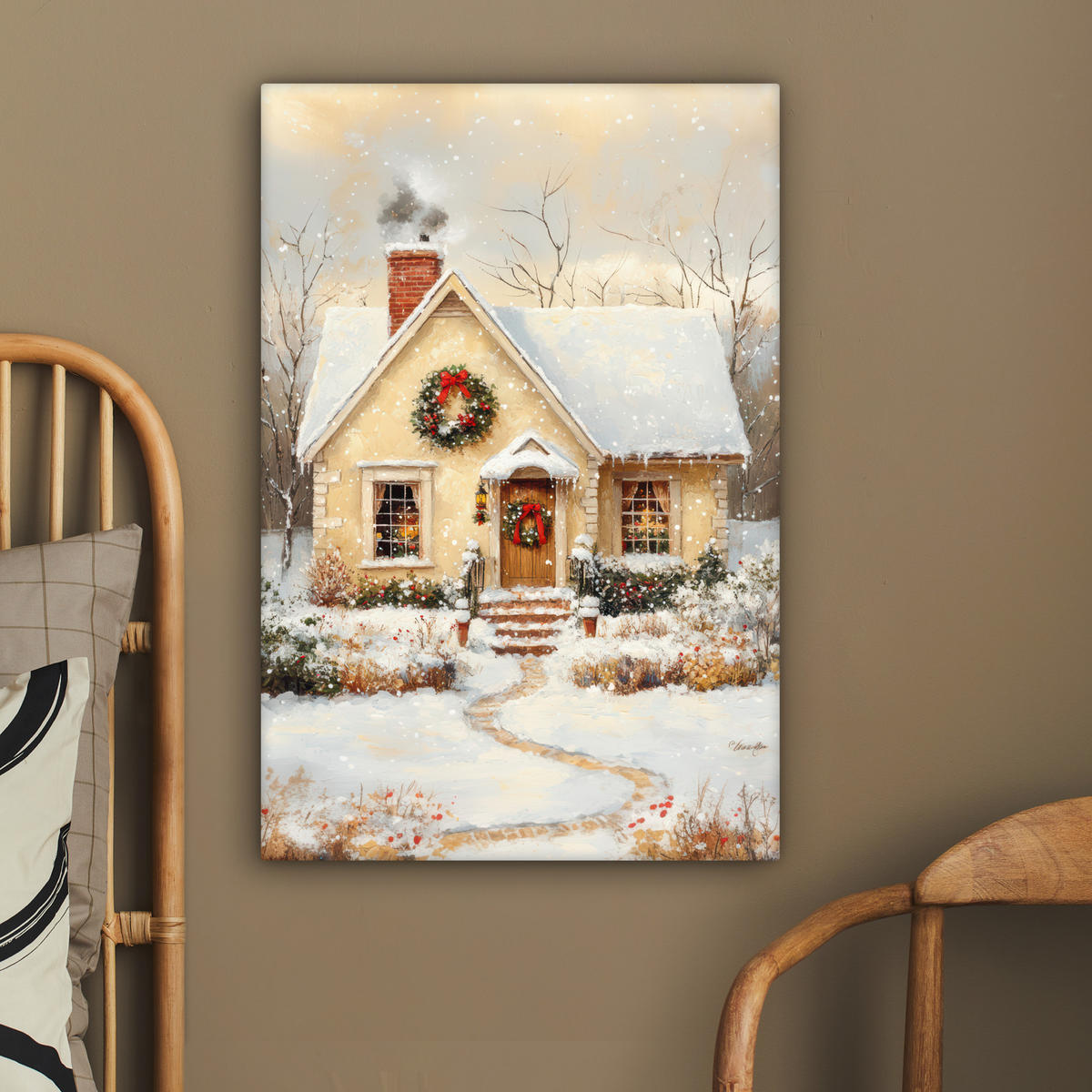 LEINWANDBILD Weihnachten - Zuhause - Winter - Schnee 40x60 cm - Creme, Textil (40/60cm) - MuchoWow
