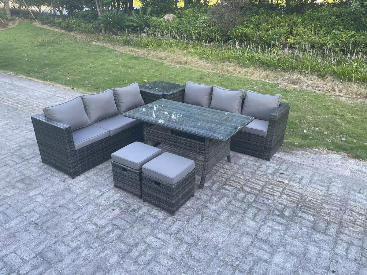 LOUNGEGARNITUR mit Hockern,Beistelltisch Polyrattan Dunkelgrau 8-Sitzer - Dunkelgrau/Grau, Glas/Kunststoff - Fimous