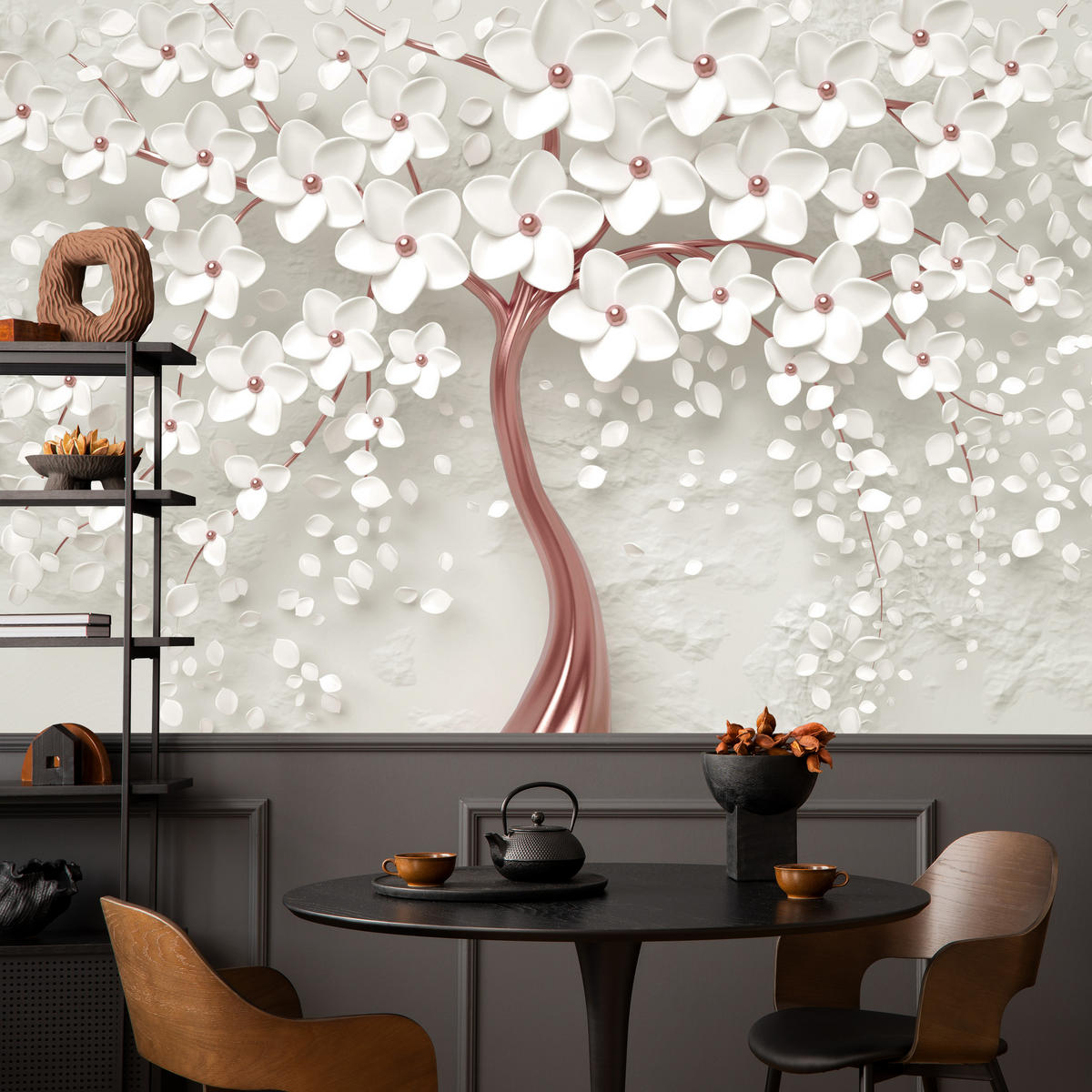 FOTOTAPETE für Schlafzimmer Perlmutt Blumen Abstract Baum 250x175 - Beige/Rosa, Papier (250/175cm) - Muralo