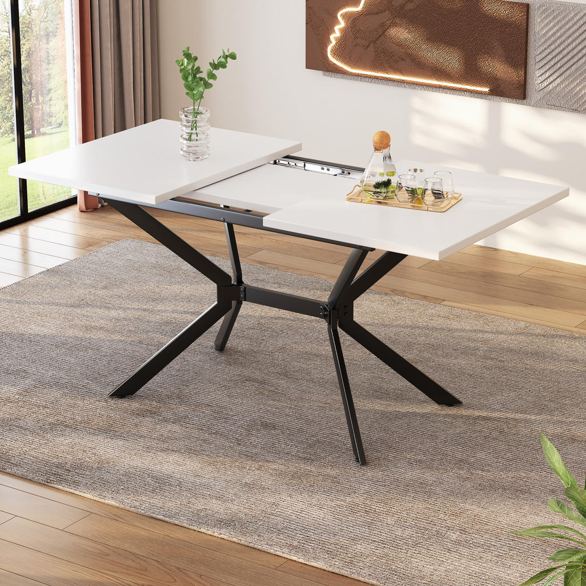 ESSTISCH aus MDF 160x75x80 cm Weiß mit Ausziehfunktion und schwarzen Metallbeinen - Weiß, Holzwerkstoff (160/75/80cm) - Modfu