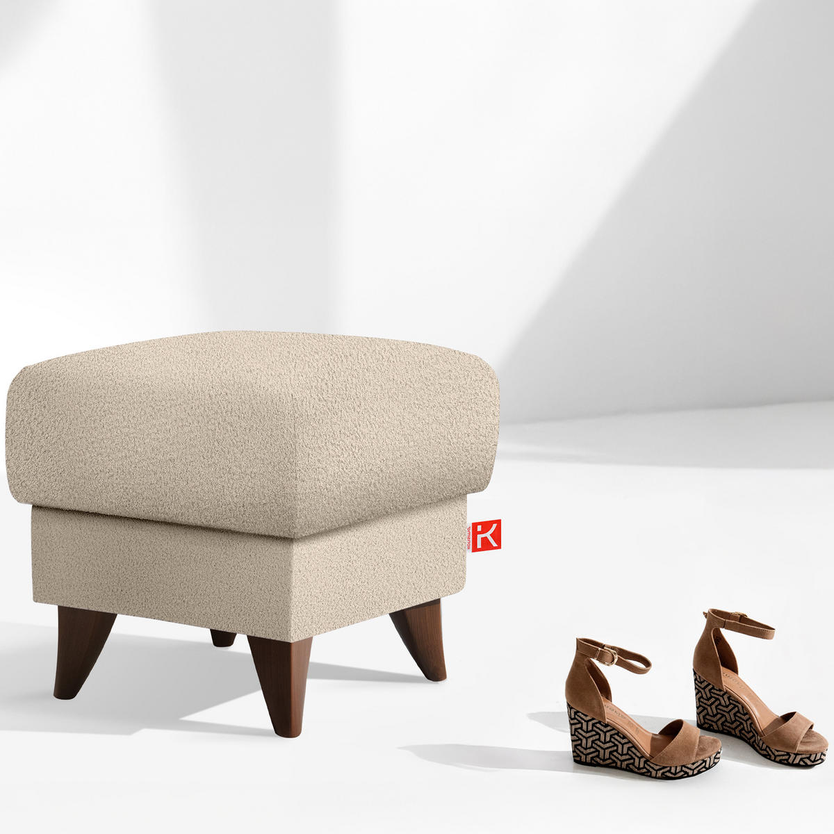 HOCKER GUSTAVO Fußstütze, Bouclé, Creme - Creme, Holz/Holzwerkstoff (53/49/53cm) - KONSIMO®