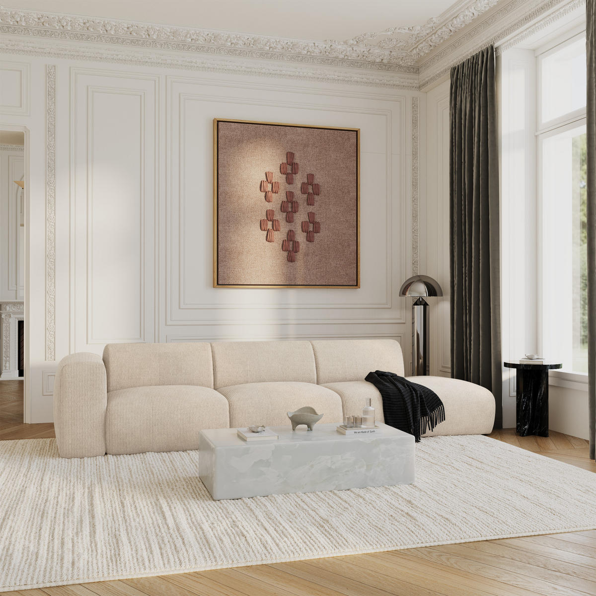 SOFA 5-Sitzer Gerippter Samt Creme 310cm - Creme, Textil (310/73/96cm) - Sia Home