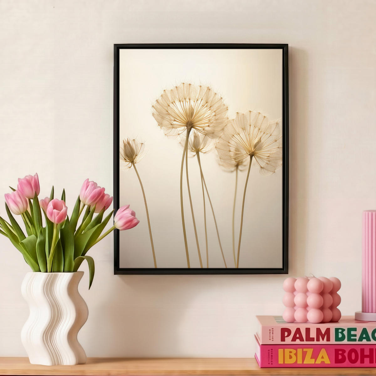 LEINWAND Bilder mit Rahmen - Sonnenlicht - Löwenzahn - Botanisch - Blumen - 30x40 - Creme, Textil (30/40cm) - MuchoWow