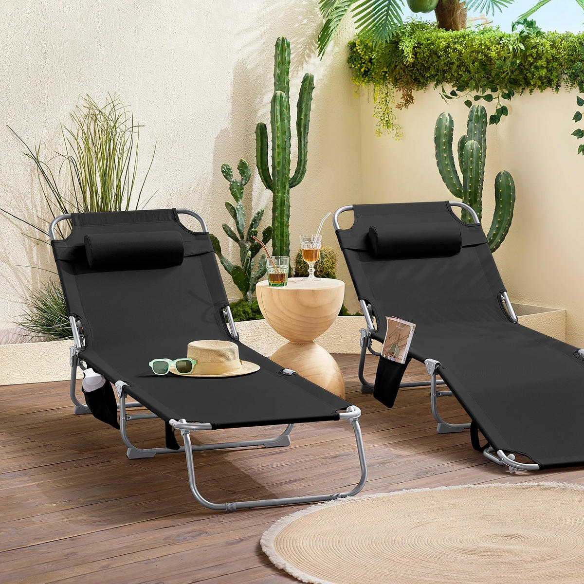 GARTENLIEGE 2er-Set Schwarz mit Tasche & Kopfkissen - Schwarz, Textil/Metall (195/58cm) - Kaket