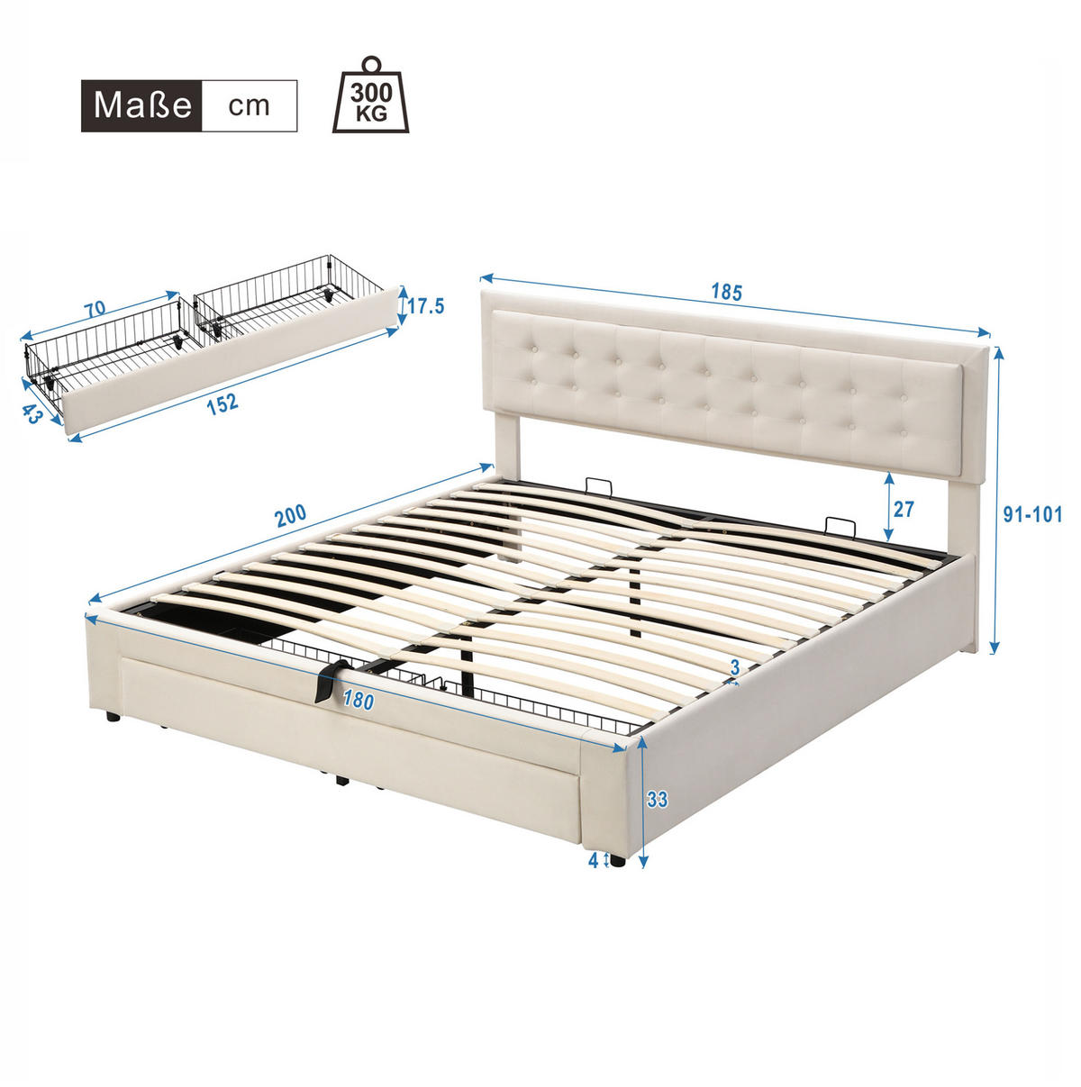 POLSTERBETT 180/200 cm Beige mit Stauraum und höhenverstellbarem Kopfteil - Beige, Textil (180/200cm) - OKWISH
