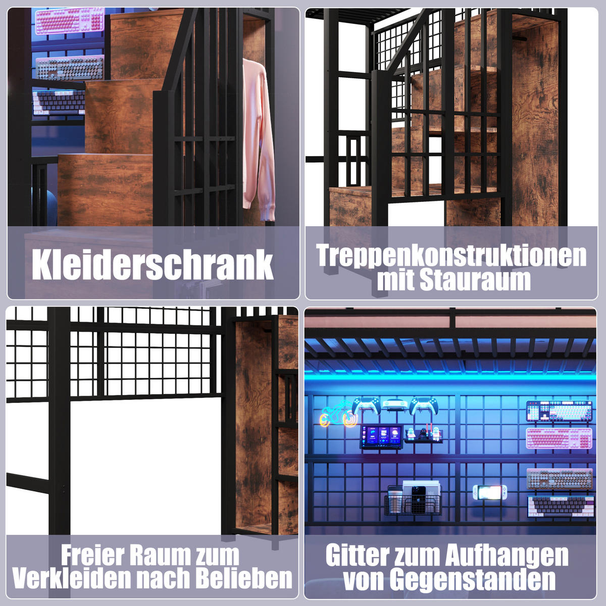 HOCHBETT 90/200 cm in Schwarz – mit Stauraumleiter, Kleiderschrank und LED - Schwarz, Metall (90/200cm) - BEAOK