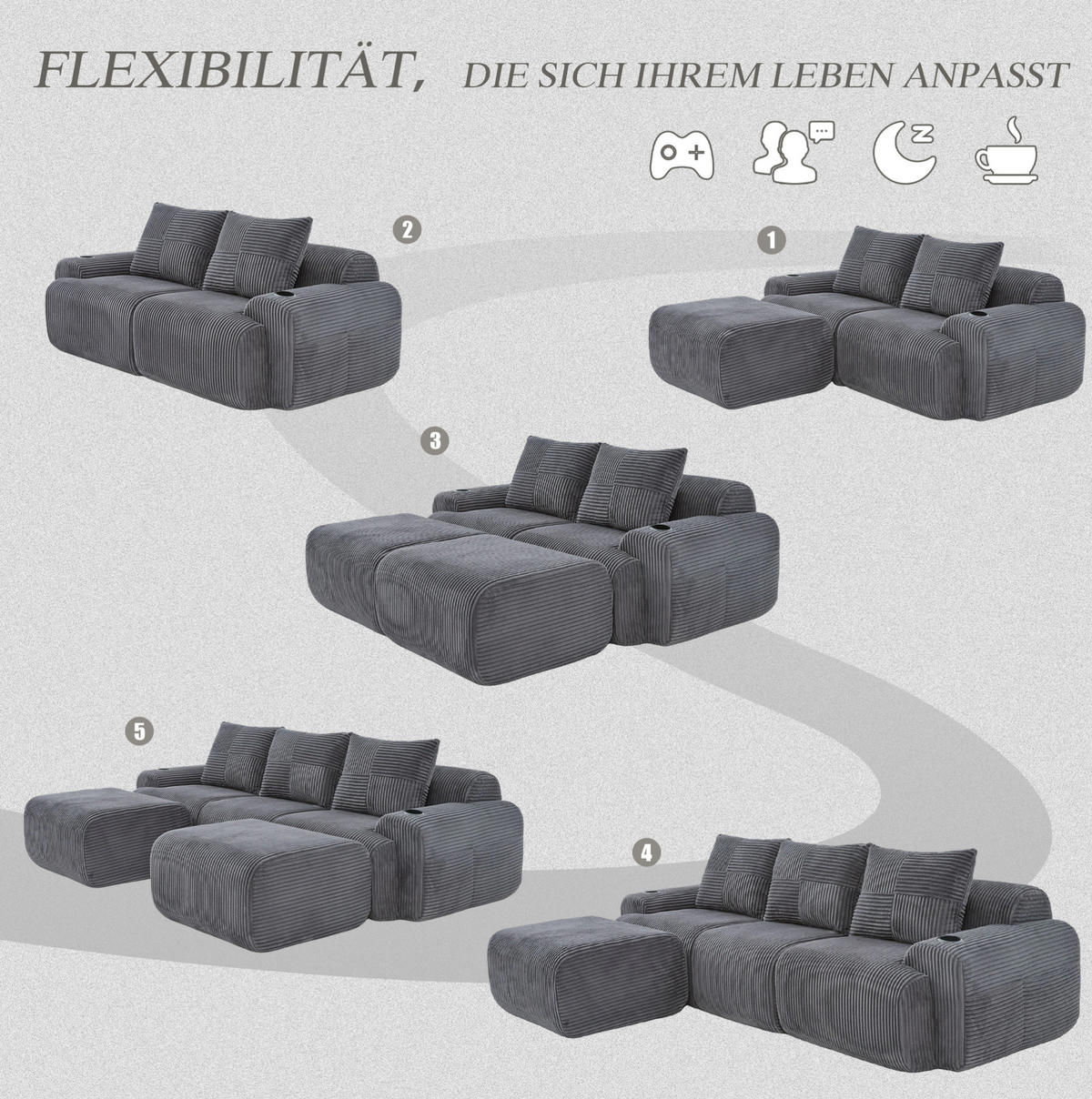 3-SITZER Wohnlandschaft Cord mit Getränkehalter und Seitentasche 268/174/80 cm Dunkelgrau - Dunkelgrau, Textil (174/80/268cm) - Redom