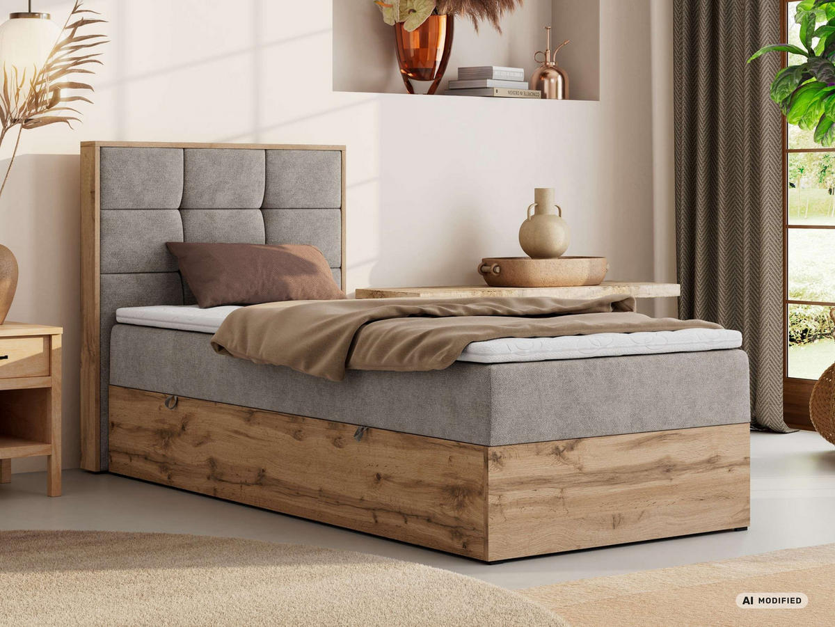 BOXBETT ALBERO 1 90/200 - Greige Stukture - Topper T25 - H3 - Links - Greige/Schwarz, Kunststoff/Textil (90/200cm) - MKS