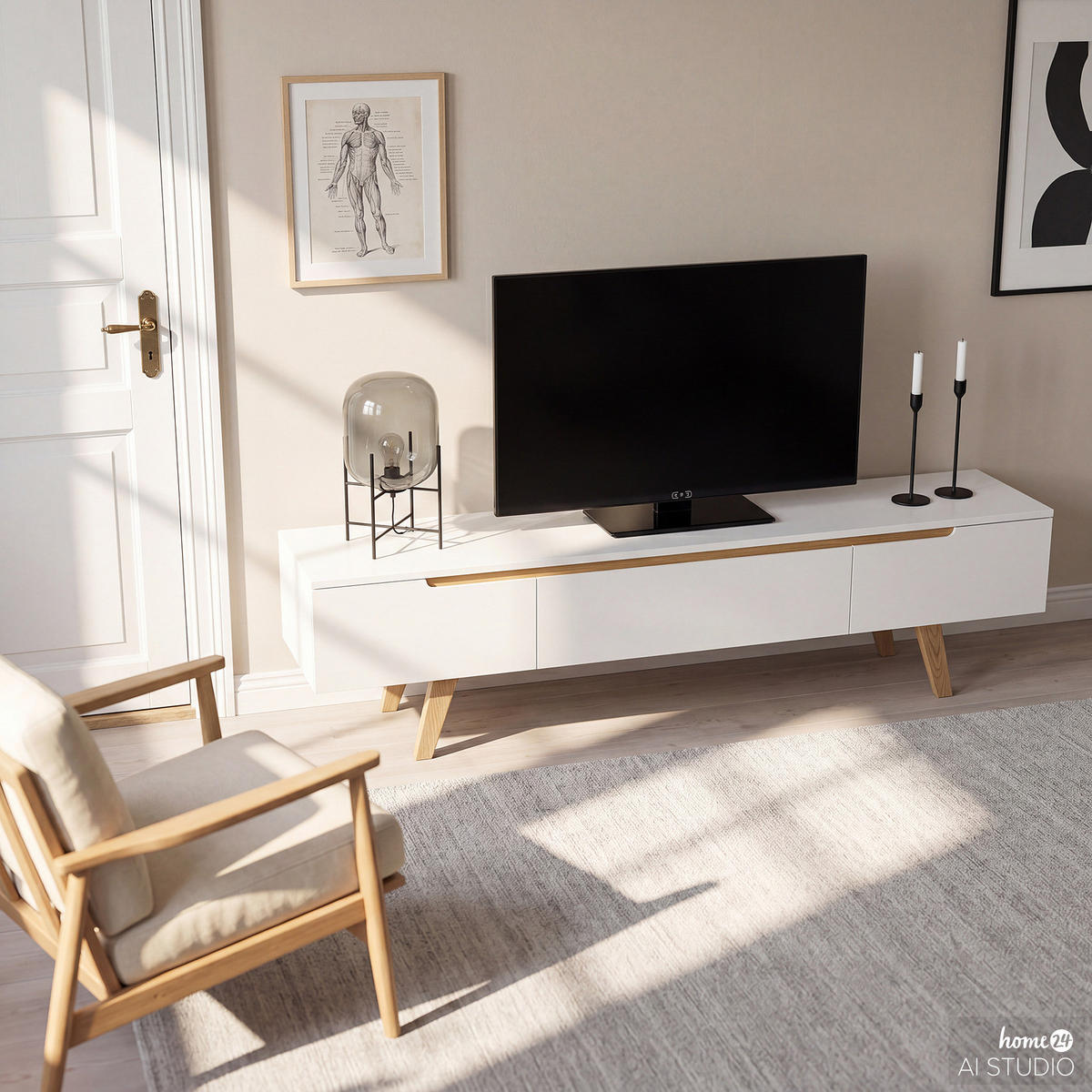 TV-LOWBOARD - Eiche teilmassiv - Weiß / Eiche - Weiß, Holz/Holzwerkstoff (180/45/42cm) - home24
