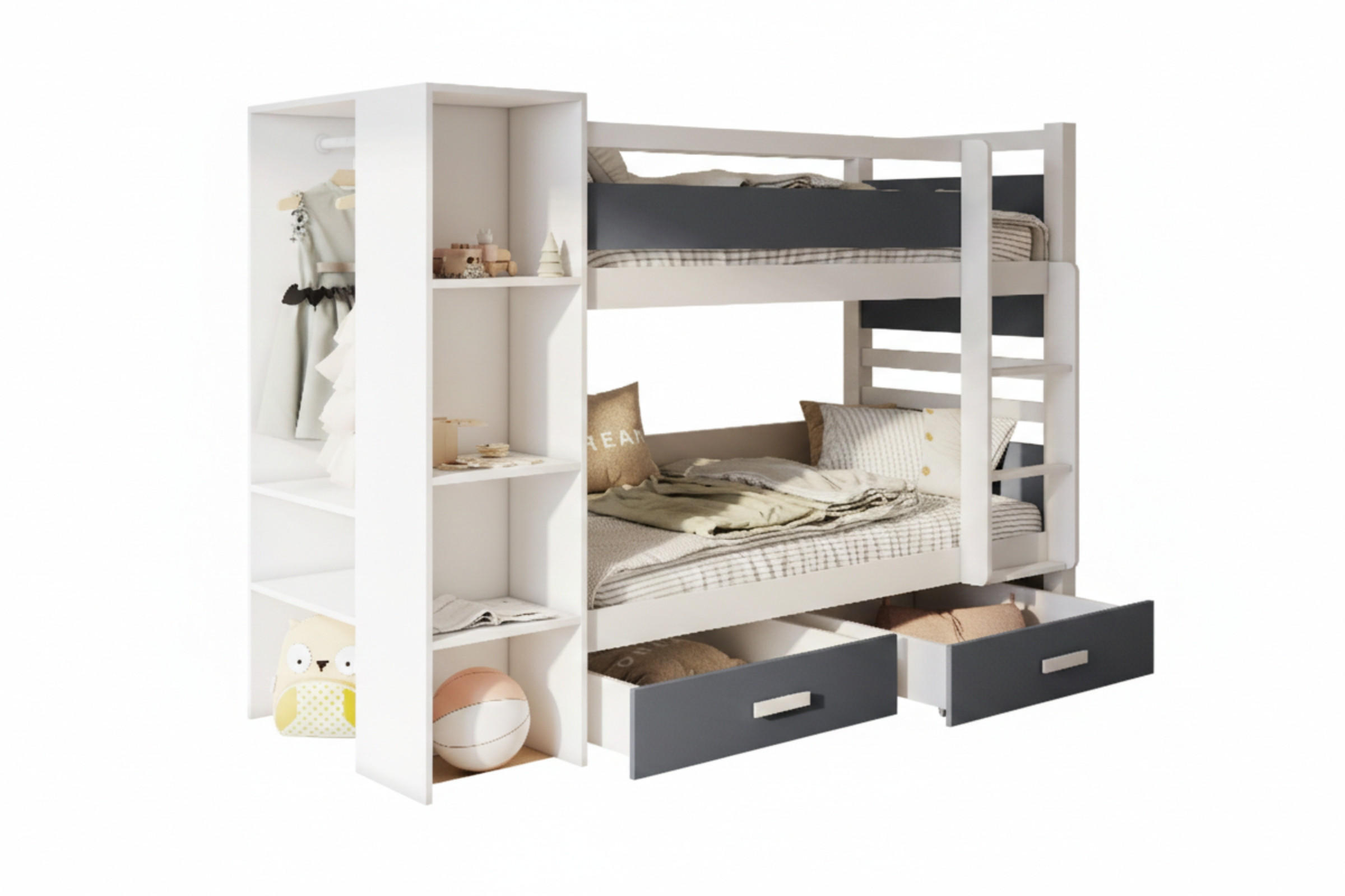 ETAGENBETT AGNES 90/200 Weiß/Graphit rechts - Graphitfarben/Weiß, Holzwerkstoff/Textil (90/200cm) - Deine Möbel 24