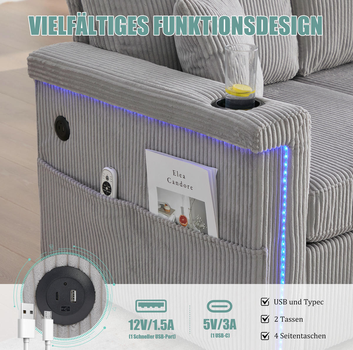 MODULARES Sofa Corduroy mit LED und USB-Anschluss Stauraum und Taschen 194/73/81 cm Hellgrau - Hellgrau, Textil (73/194cm) - Redom