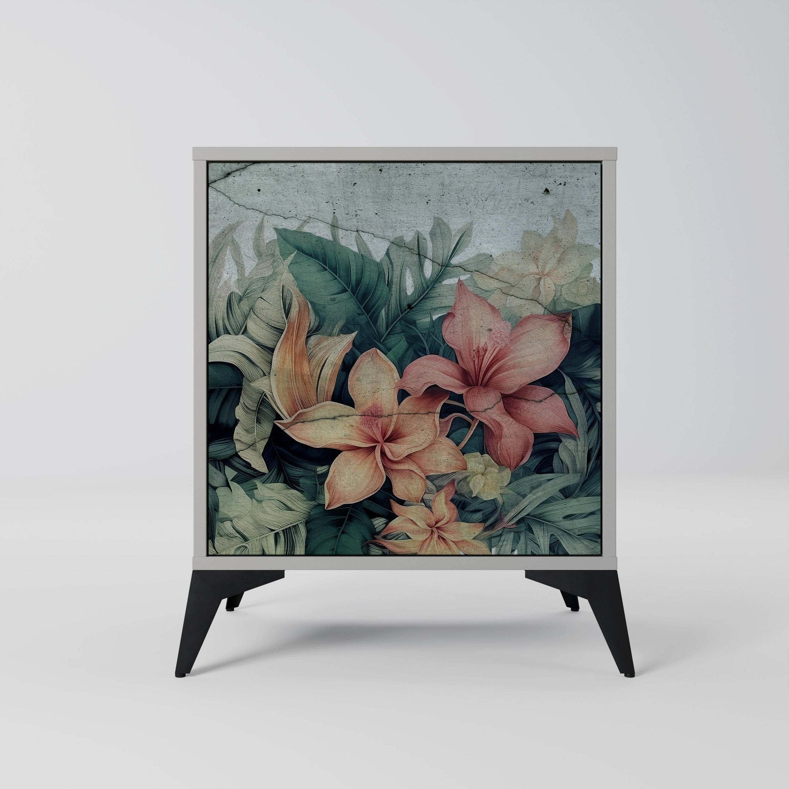 SIDEBOARD HEAVENLY BLOOM, Grau, 57,5x42x70,5 cm, Schwarze Metall-Sternfüße - Multicolor/Schwarz, Holzwerkstoff/Metall (57.5/70.5/42cm) - SpaceRebels