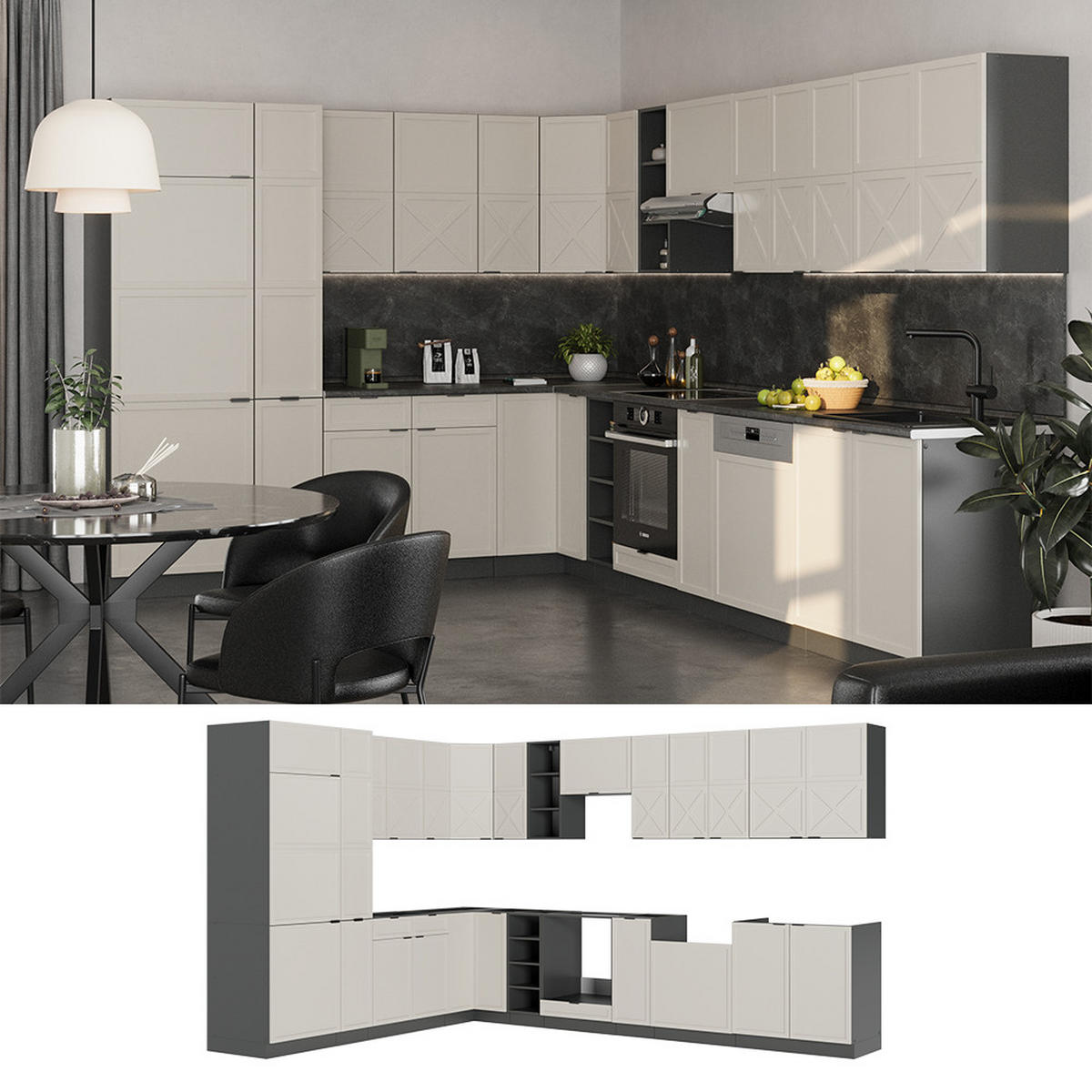 ECKKÜCHE Fame-Line GrauBeige/Anthrazit 347 x 257 cm, AP Marmor - Anthrazit/Grau, Holzwerkstoff (347/81.6/60cm) - Vicco