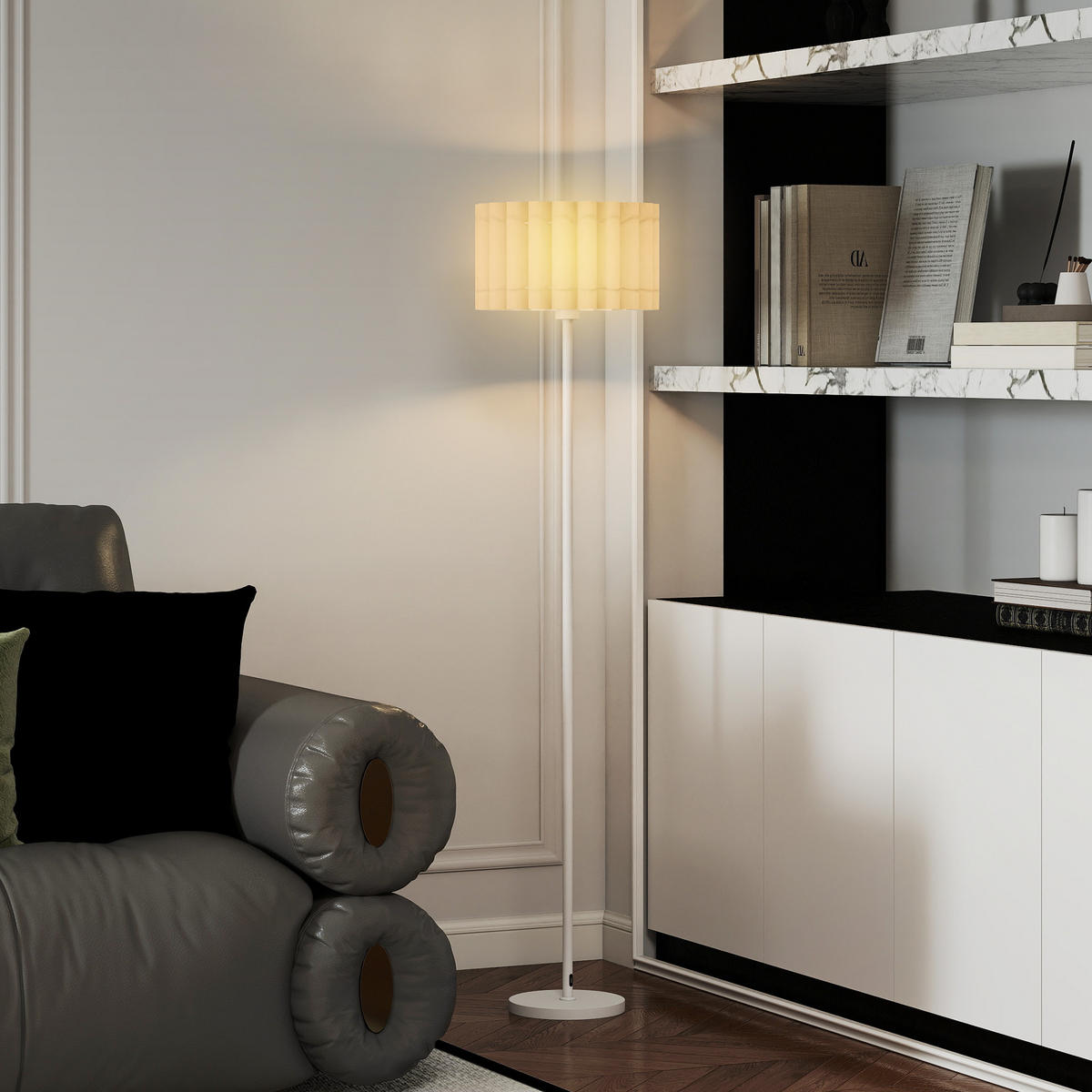 STEHLAMPE, Stehleuchte mit E27 Fassung, mit Wellenschirm für Wohnzimmer, Weiß - Weiß, Kunststoff (35/35/153cm) - HOMCOM