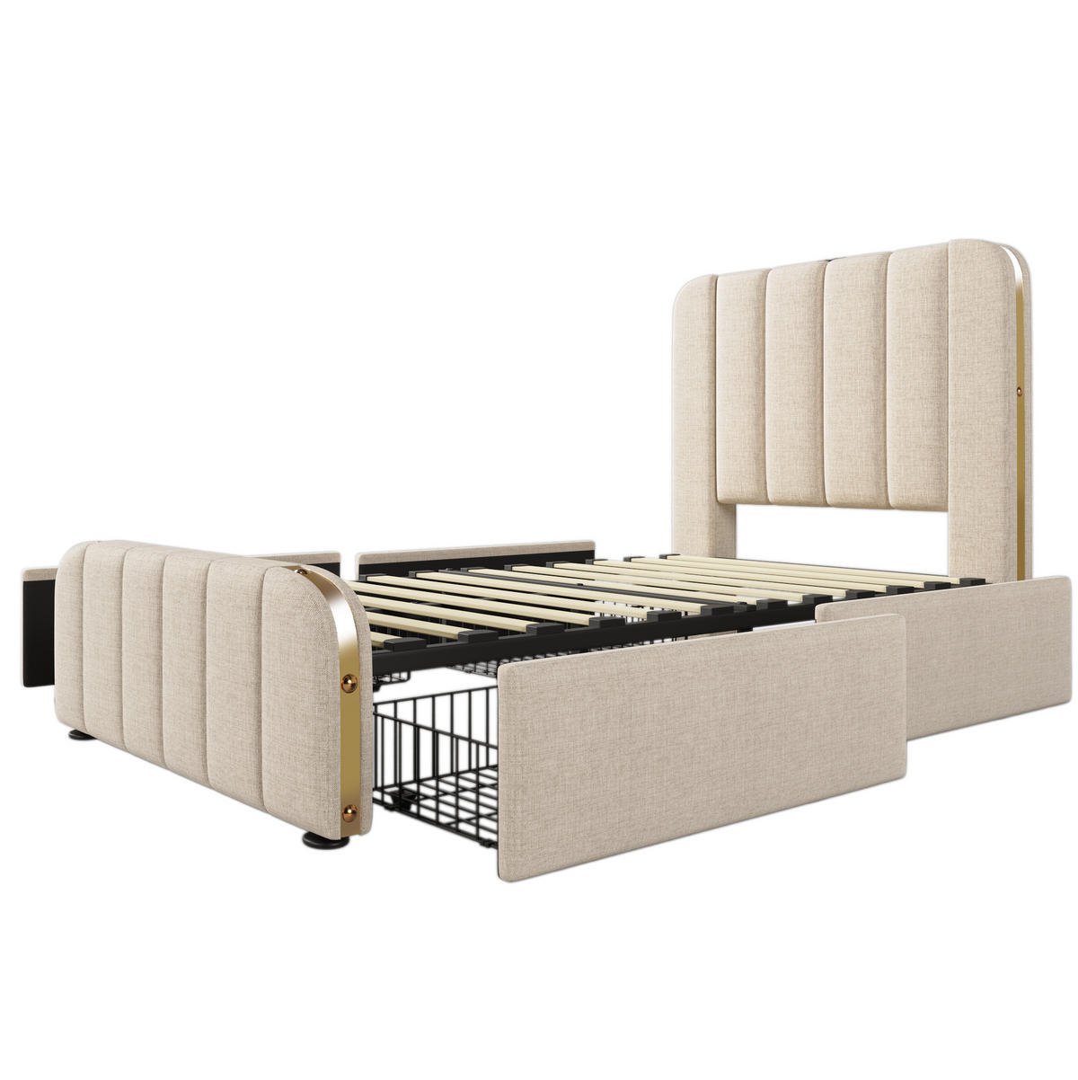 POLSTERBETT 90/200 cm mit USB/Typ-C am Kopfteil, 4 Schubladen & Metallzierleisten, Beige - Beige, Textil (90/200cm) - Redom