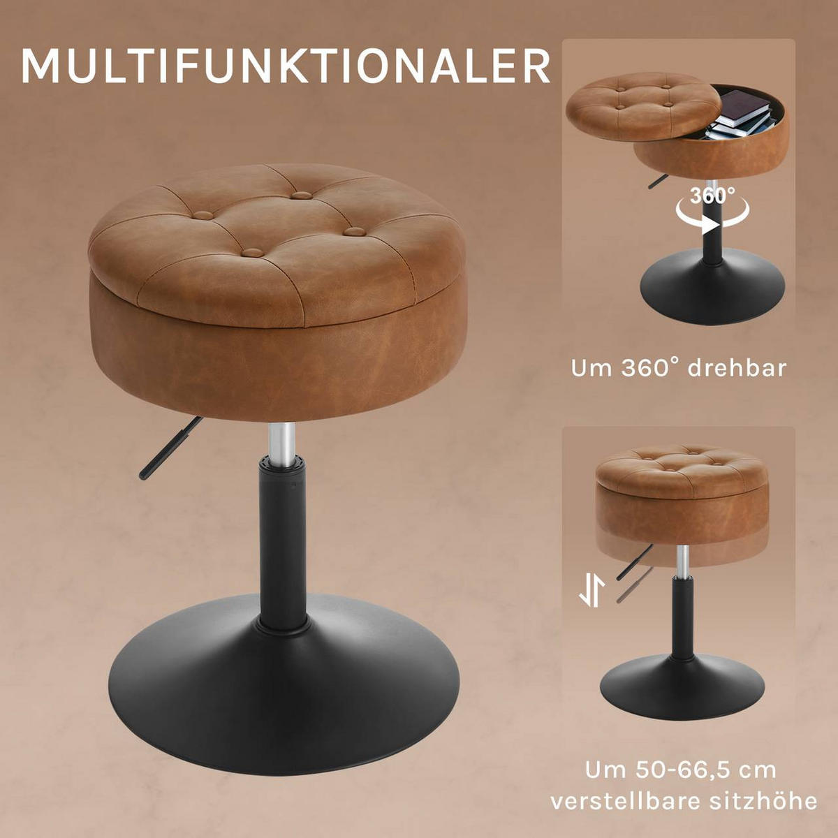 SITZHOCKER 2er Set, mit Stauraum, Kunstleder, Braun - Schwarz/Braun, Textil/Metall (38.5/50/38.5cm) - Woltu