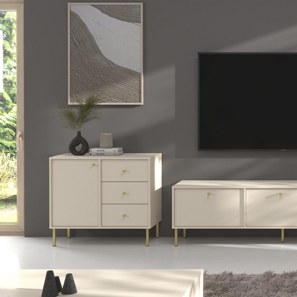 KOMMODE TORINO 84/74/41 cm mit 3 Schubladen 1 Türen Beige - Beige, Holzwerkstoff (84/74/41cm) - MASSENO