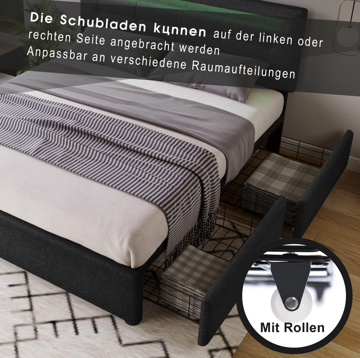 POLSTERBETT 140/200 cm Schwarz aus Leinen mit LED-Beleuchtung und 4 Schubladen - Schwarz, Textil (140/200cm) - OKMYHOME