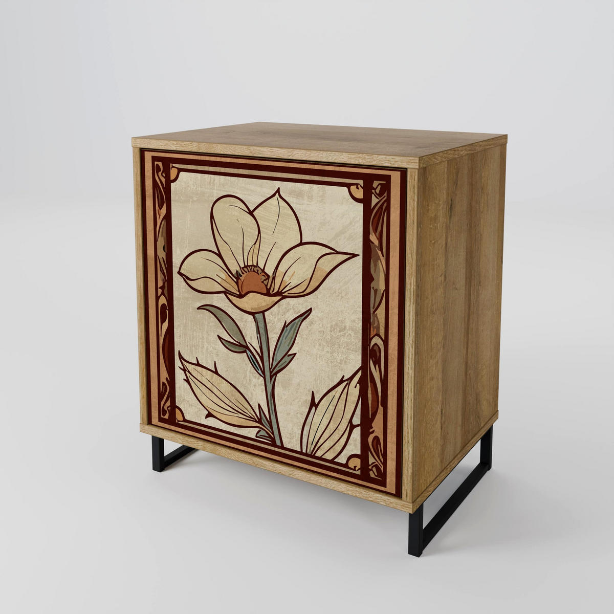 SIDEBOARD TIMELESS FLORA, Eichefarben, 57,5x42x70,5 cm, Schwarze Metall-Sternfüße - Eichefarben/Multicolor, Holzwerkstoff/Metall (57.5/70.5/42cm) - SpaceRebels
