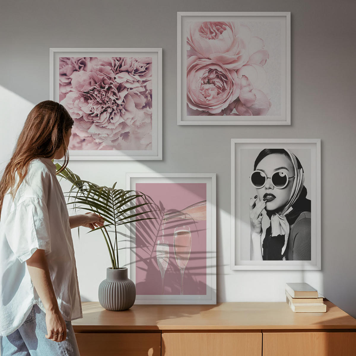 BILDER SET 4er Set - 50x50 cm & 40x60 cm Weißer Rahmen - Blumen, Pfingstrosen, Rosen, Eleganz - Weiß, Kunststoff (50/50cm) - TULUP