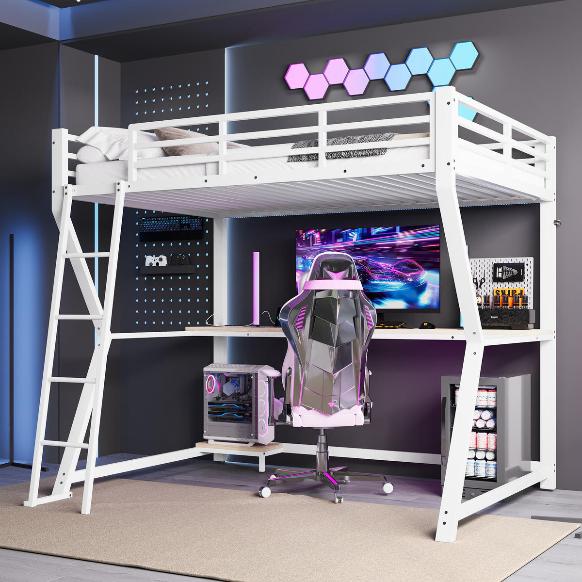 HOCHBETT 90x200cm Weiß LED-Licht Computerablage Schreibtisch USB - Weiß, Metall (90/200cm) - FLIEKS