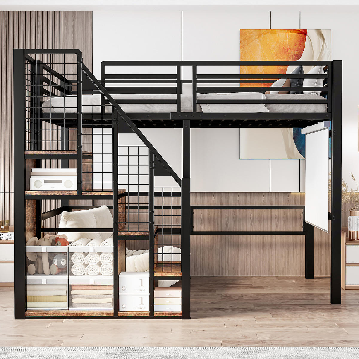 HOCHBETT aus Metall 90x200 cm in Schwarz mit Treppe & Stauraum - Schwarz, Metall (90/200cm) - Modfu