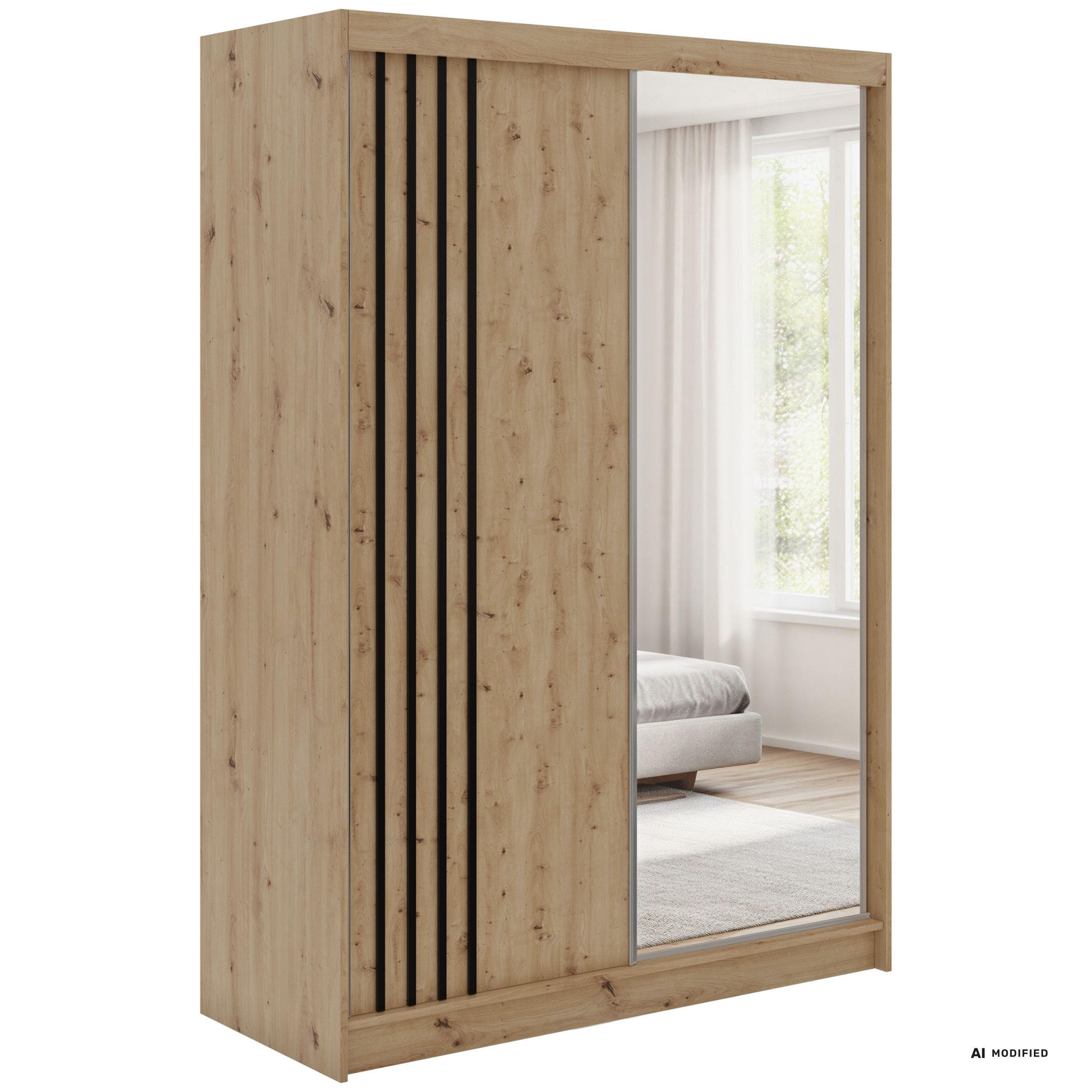 SCHWEBETÜRENSCHRANK mit Lamellen und Spiegel DIANA - 150 - Eiche Artisan und Schwarz - Schwarz/Alufarben, Holzwerkstoff/Metall (150/216/61cm) - MKS