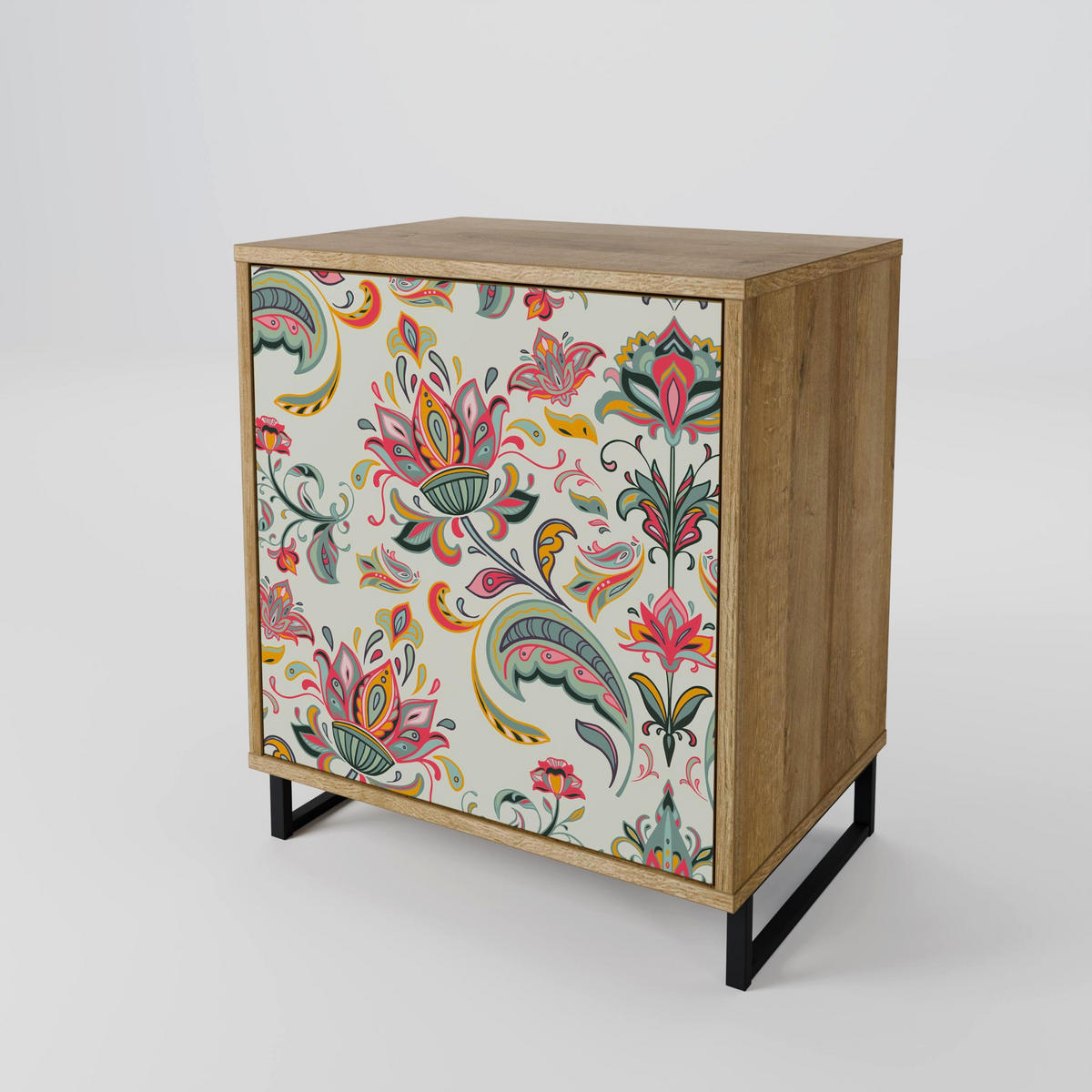 SIDEBOARD ORGANIC FOLKLORE, Eichefarben, 57,5x42x70,5 cm, Schwarze Metall-Sternfüße - Eichefarben/Multicolor, Holzwerkstoff/Metall (57.5/70.5/42cm) - SpaceRebels