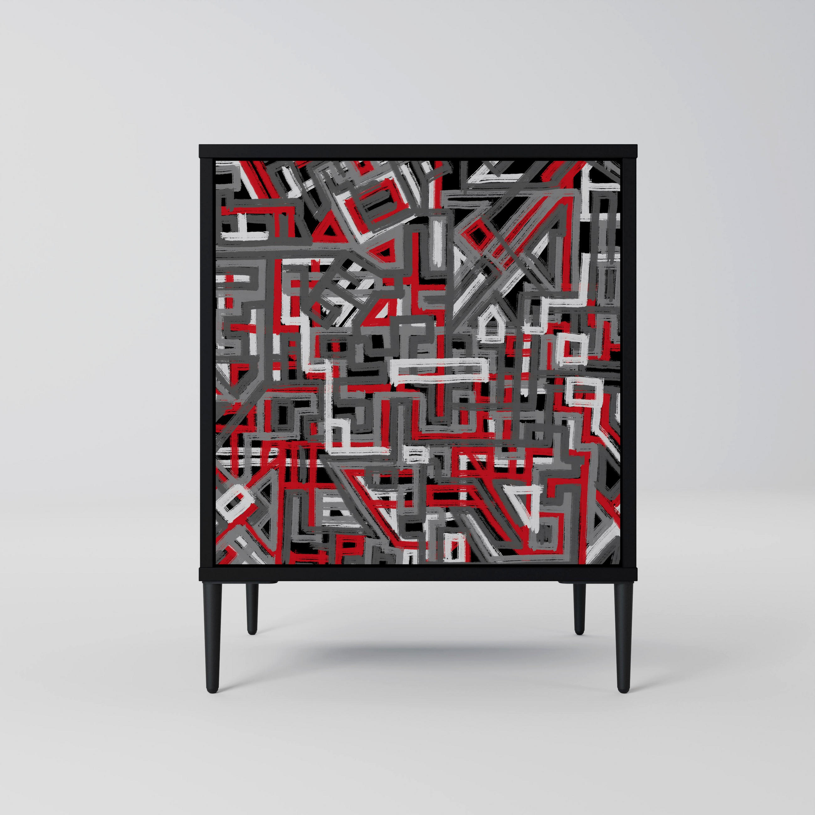 SIDEBOARD BROKEN LINES, Schwarz, 57,5x42x72,5 cm, Schwarze Metallfüße - Multicolor/Schwarz, Holzwerkstoff/Metall (57.5/72.5/42cm) - SpaceRebels