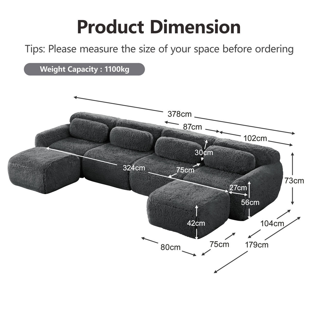 SOFA modular U-/L-Form Plüsch Grau - Grau, Kunststoff (179/73/378.1cm) - Meubliv