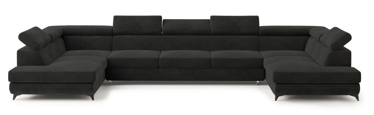 WOHNLANDSCHAFT URMANO Schwarz Velours-Stoff mit Schlaffunktion - Schwarz, Holz (395/89/190cm) - MASSENO