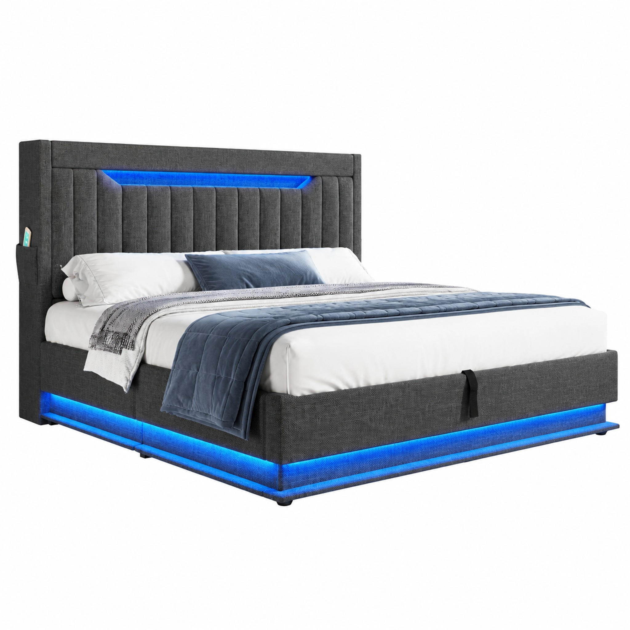 POLSTERBETT mit Stauraum, LED und USB 160x200 cm Leinen Grau - Grau, Metall (160/200cm) - Meubliv