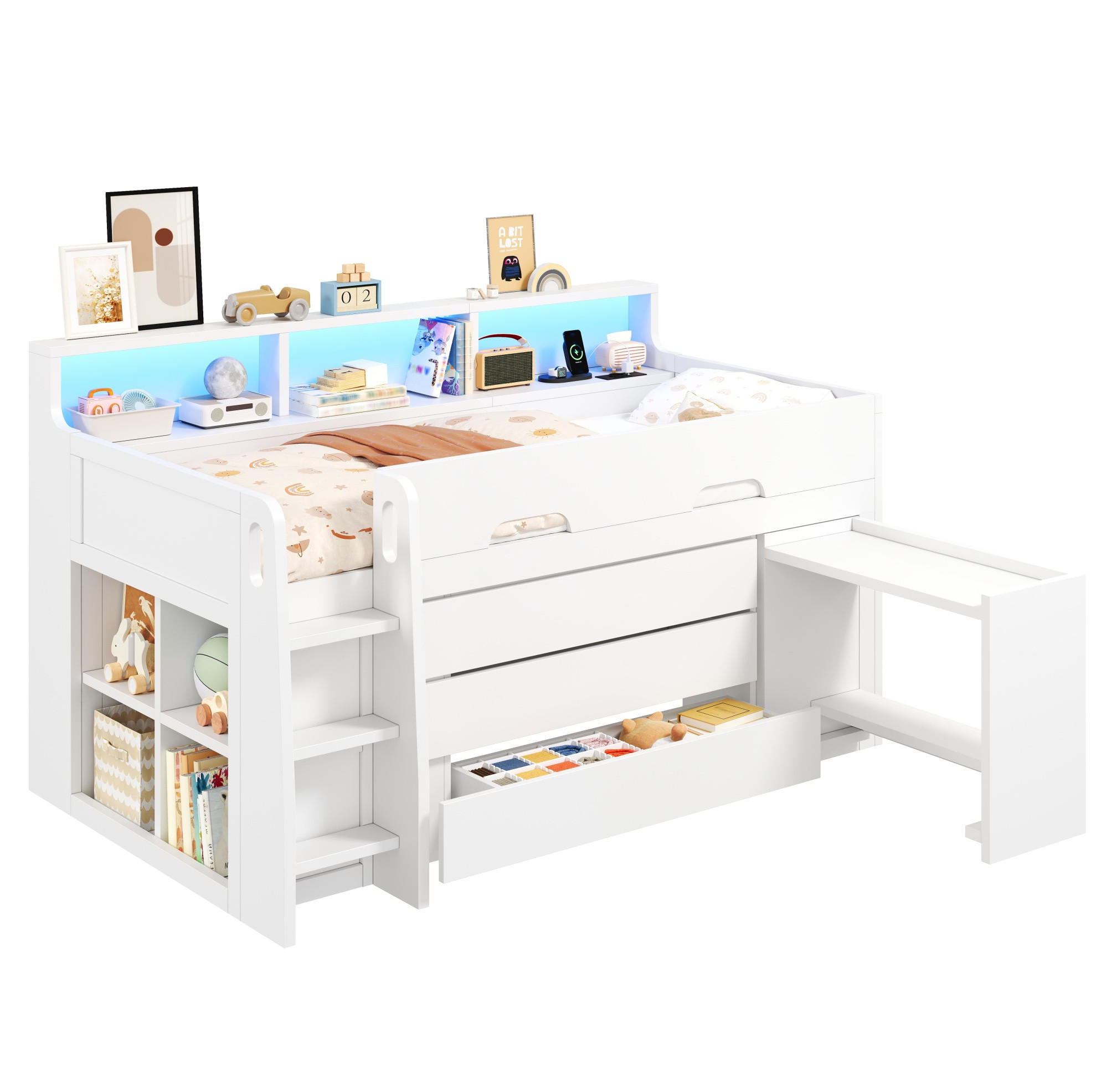 HOCHBETT 90/200 cm, Weiß mit 3 Schubladen, Schreibtisch und LED-Licht - Weiß, Holzwerkstoff (90/200cm) - MIVRAY