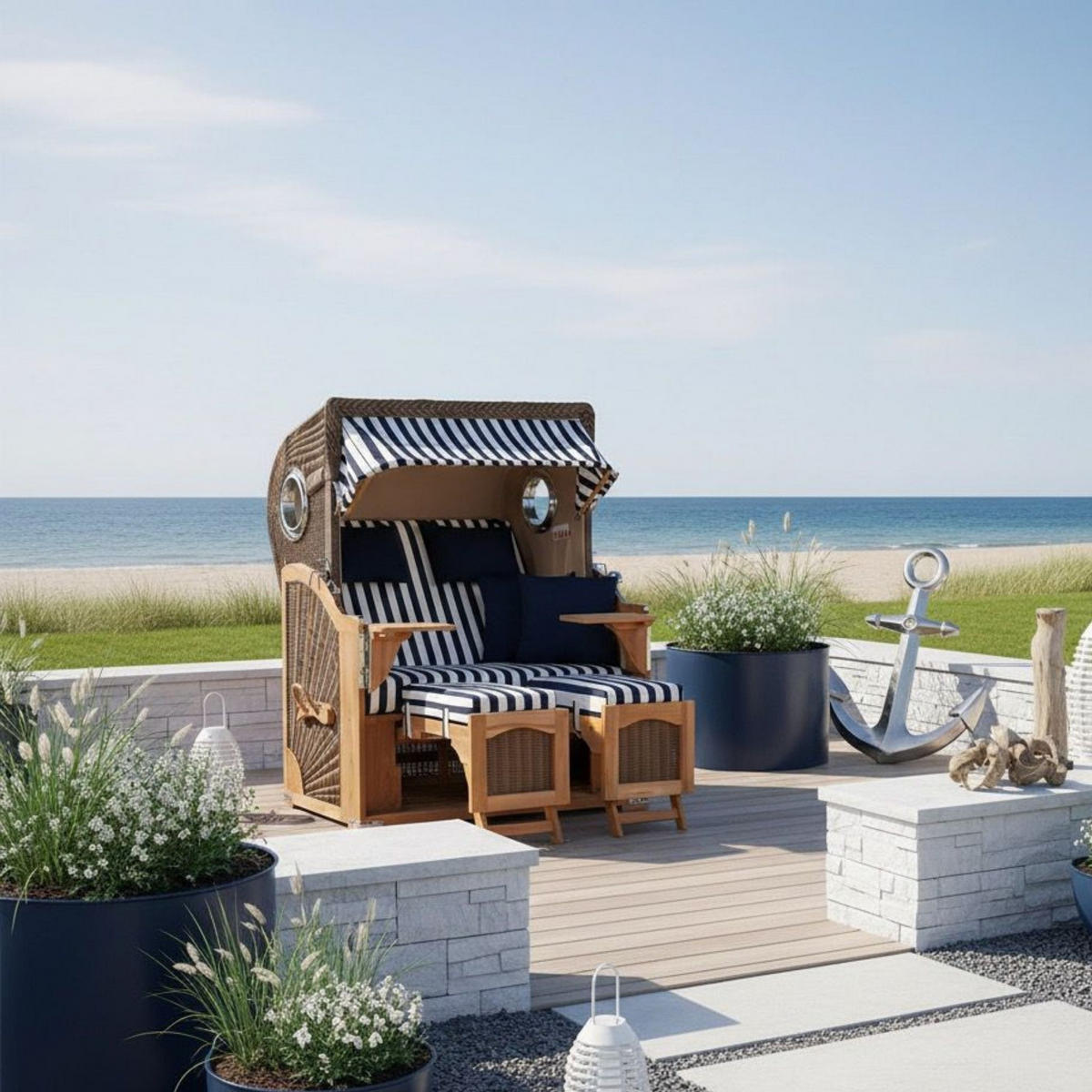 STRANDKORB Düne 2 Sitzer Teak PE Grey - Blau/Braun, Holz/Metall (125/170/80cm) - Mr. Deko