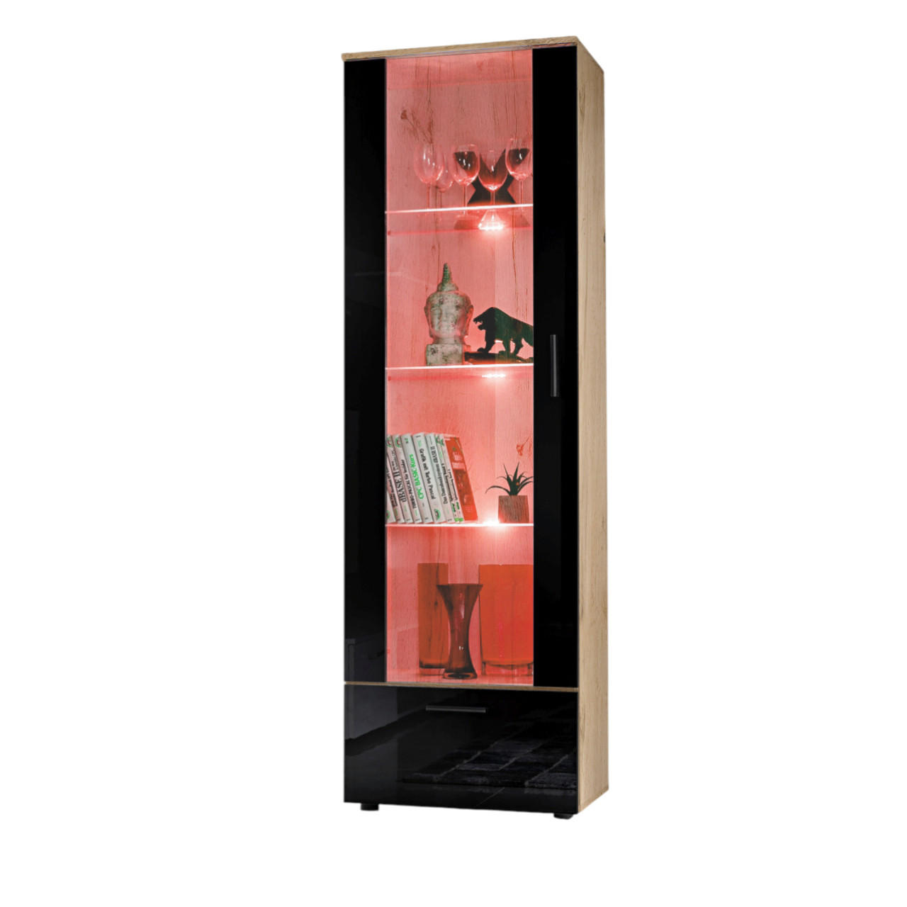 VITRINE ALESSANDRIA, Schwarz, LED Mehrfarbige - Eiche Wotan/Schwarz, Glas/Holzwerkstoff (60/192/42cm) - Komodee