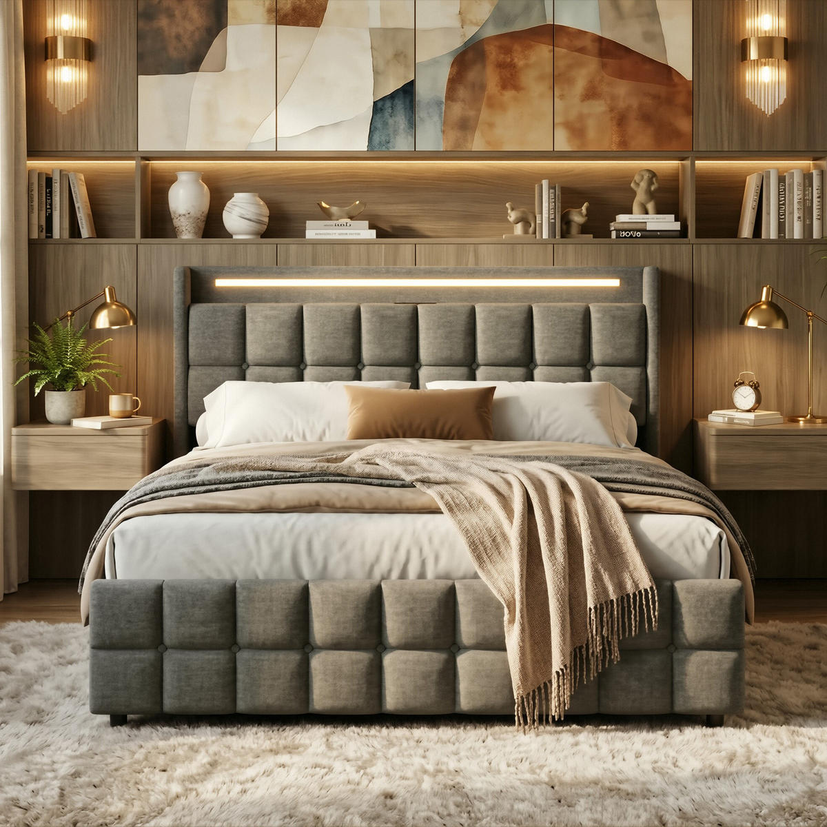 POLSTERBETT Geometrisch 160/200 cm mit 4 Schubladen & LED Leinenoptik Grau - Grau, Textil (160/200cm) - Creahappy
