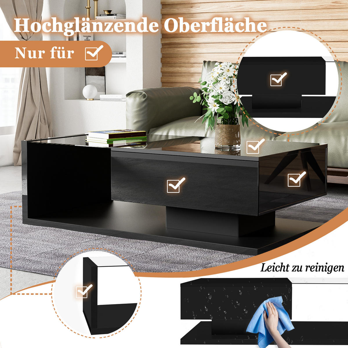 COUCHTISCH Hochglanzschwarz mit Glas & LED-Effekt - Schwarz, Holz (105/55/32.5cm) - FLIEKS