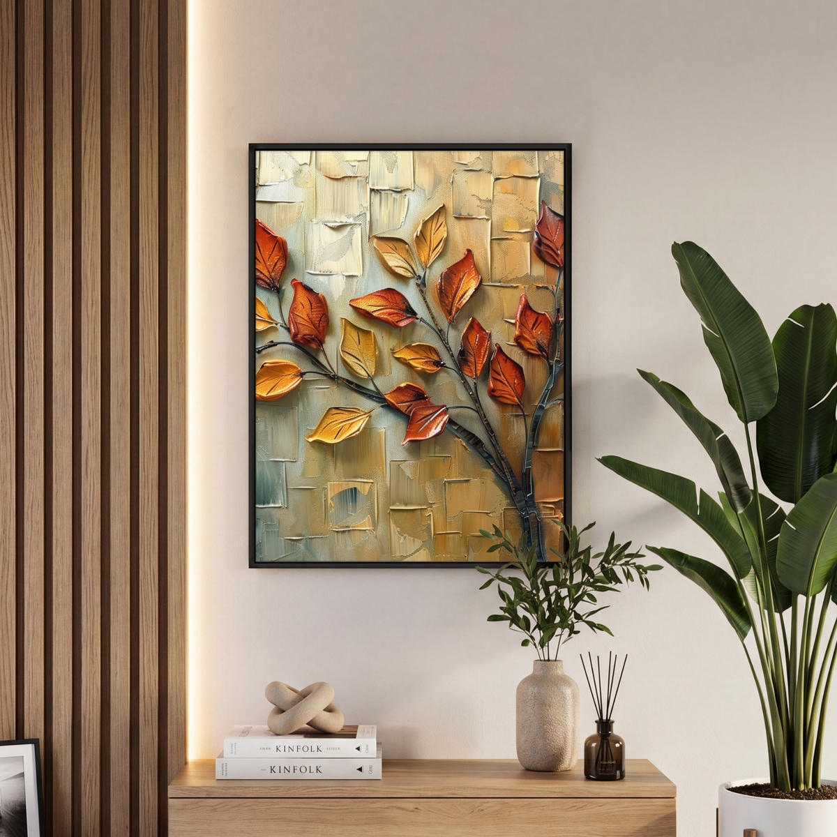 LEINWAND Bilder mit Rahmen - Baum - Abstrakt - Natur - Kunst - 50x70 - Goldfarben, Textil (50/70cm) - MuchoWow