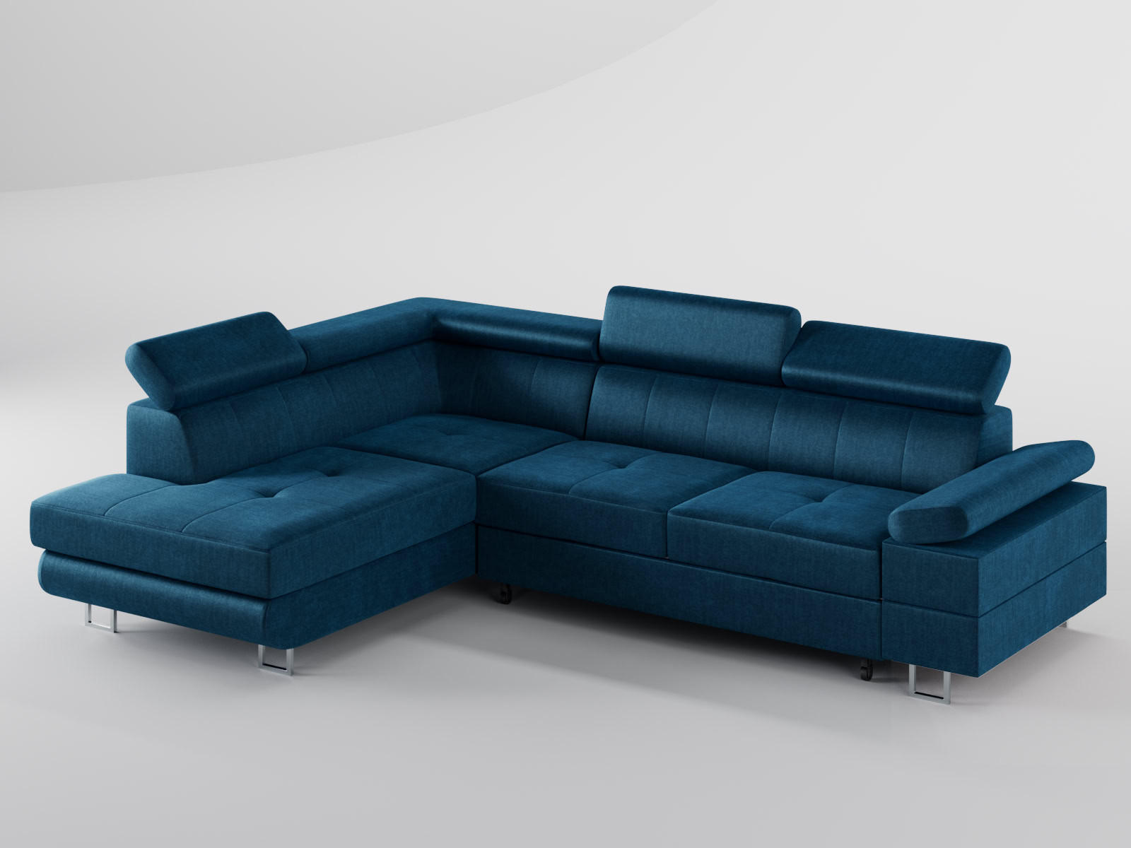 ECKSOFA CAROLINE Links Dunkelblau Velours-Stoff mit Schlaffunktion und Bettkasten - Chromfarben/Dunkelblau, Textil (253/190cm) - Barchello