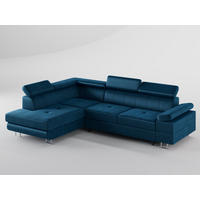 ECKSOFA CAROLINE Links Dunkelblau Velours-Stoff mit Schlaffunktion und Bettkasten - Chromfarben/Dunkelblau, Textil (253/190cm) - Barchello