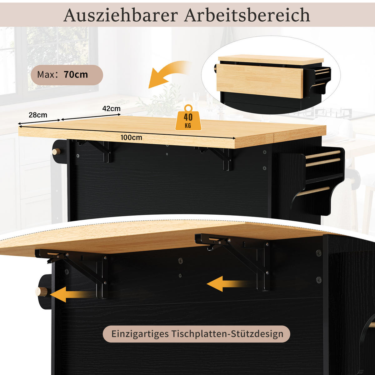 KÜCHENINSEL mit Rollen 112/45/92.2 cm Schwarz mit 3 Schubladen, ausziehbarem Esstisch, Weinglashalter und Stauraum - Schwarz, Holz/Holzwerkstoff (42/91.5/100cm) - Oxeza