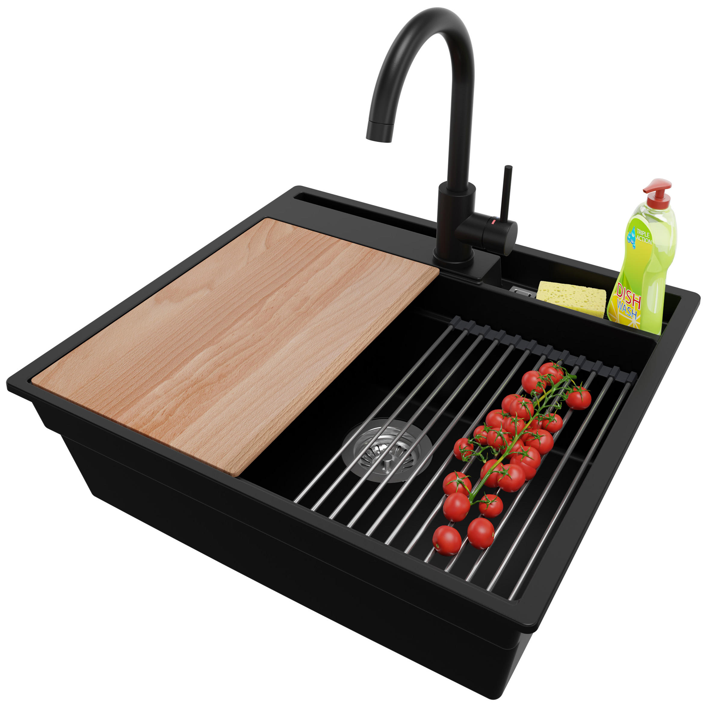 GRANITSPÜLE Oslo Pocket, 2-er set Schwarz 58/53 cm 1 Becken + Küchenarmatur 32/20 cm + Ablauf-Set + Küchenzubehörset ab 60er Unterschrank - Chromfarben/Beige, Kunststoff (58/20/53cm) - Primagran