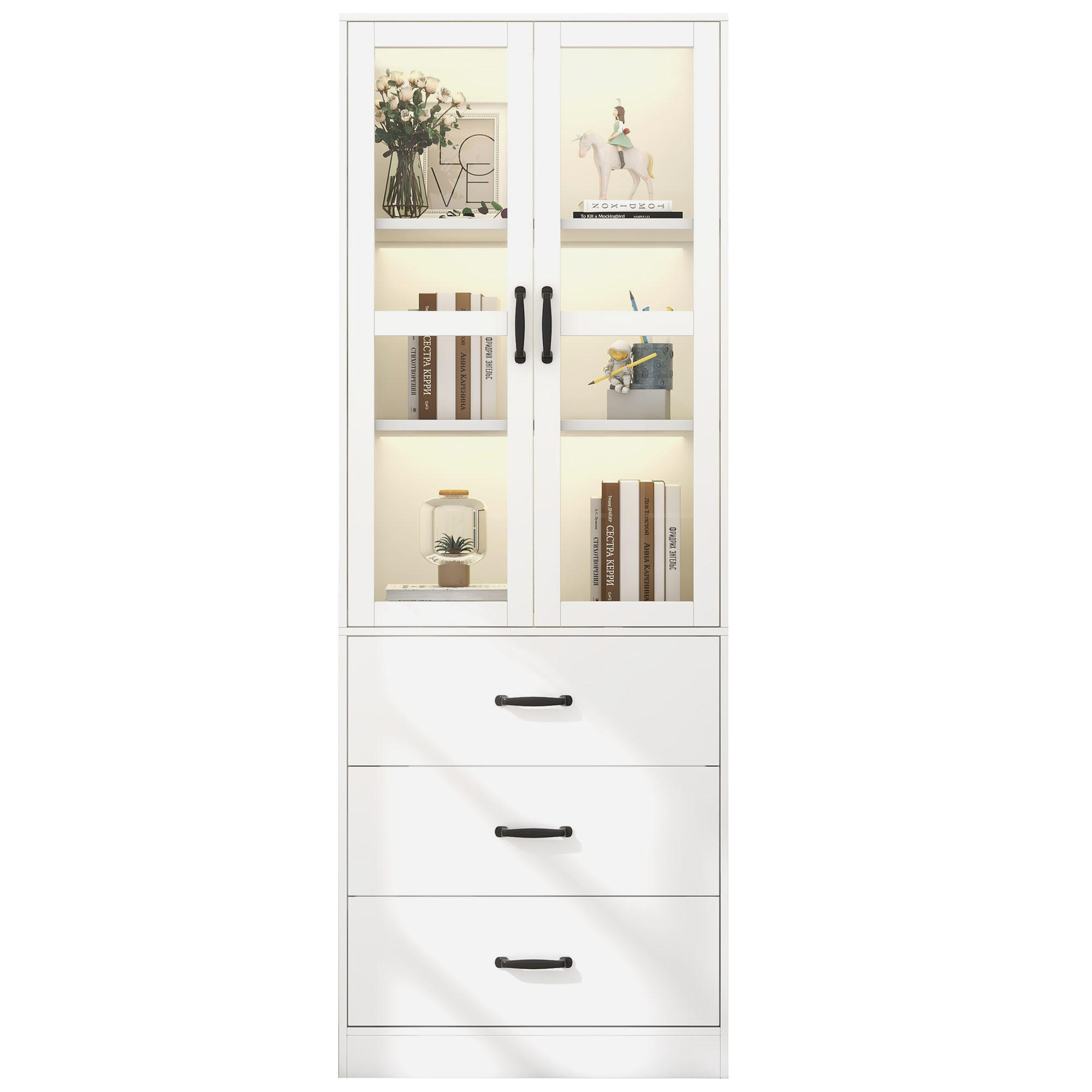 VITRINE 60/40/200 cm weiß aus MDF mit LED und 3 Schubladen - Weiß, Holzwerkstoff (60/200/40cm) - OKWISH