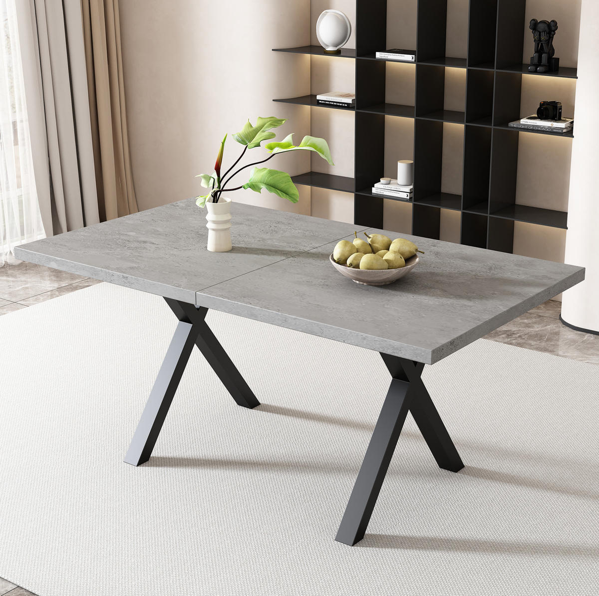JEDÁLENSKÝ stôl, 140/80/76 cm, MDF v betónovom dekore a čierny kov - sivá, kompozitné drevo (140/80/76cm) - BEAOK