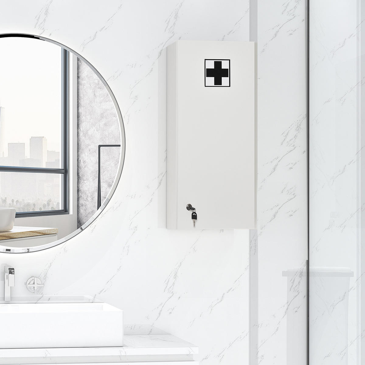 MEDIZINSCHRANK Arzneischrank mit Ablage abschließbarer Hängeschrank Weiß - Weiß, Glas (20/70/30cm) - Kleankin