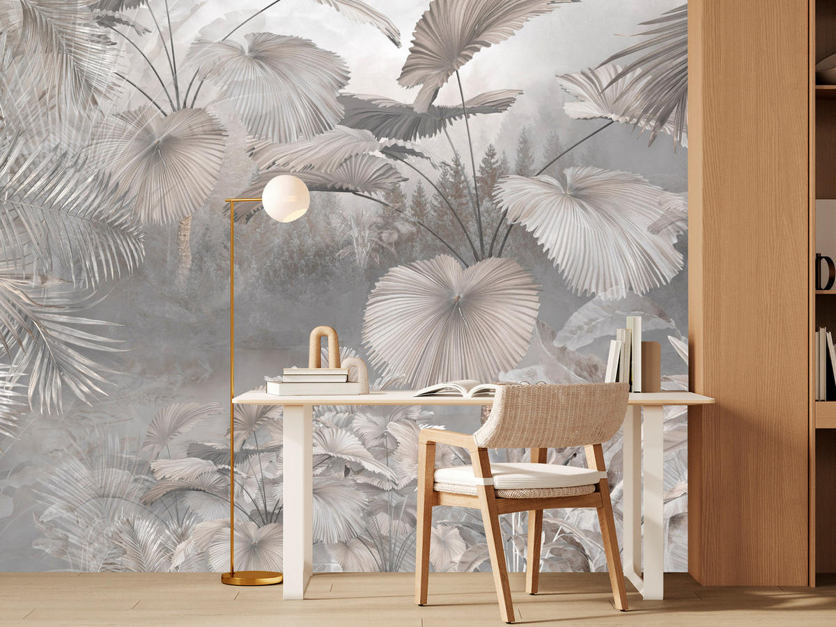 FOTOTAPETE für Wohnzimmer Tropische Blätter Dschungel Palmen Grau 300x210 - Beige/Grau, Papier (300/210cm) - Muralo